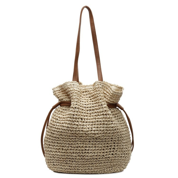 Drawstring hook woven bag single shoulder crossbody woven women's bag large capacity grass woven bag