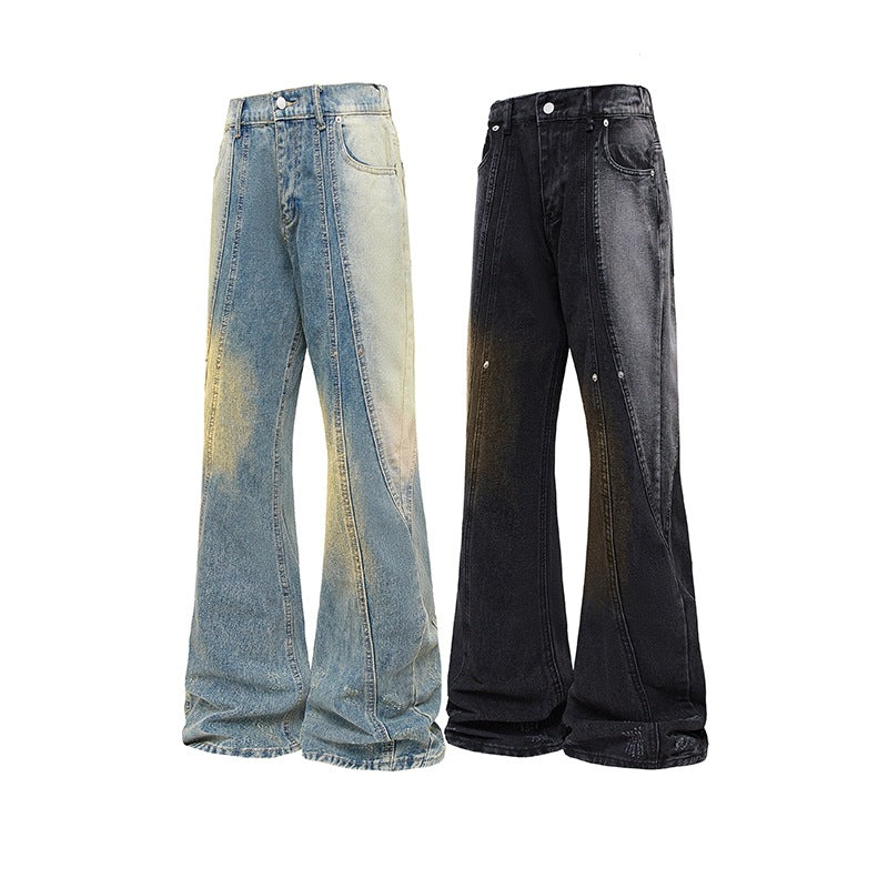 Gradient Distressed Wide Leg Flared Jeans Men Casual Pants