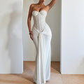 New long evening gown with a waist-cinching, figure-flattering chiffon strapless dress