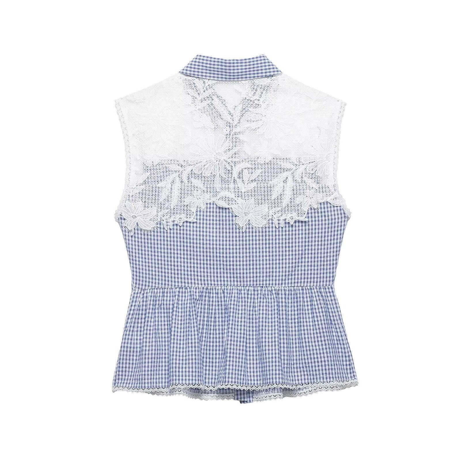 Lace patchwork small plaid sleeveless shirt