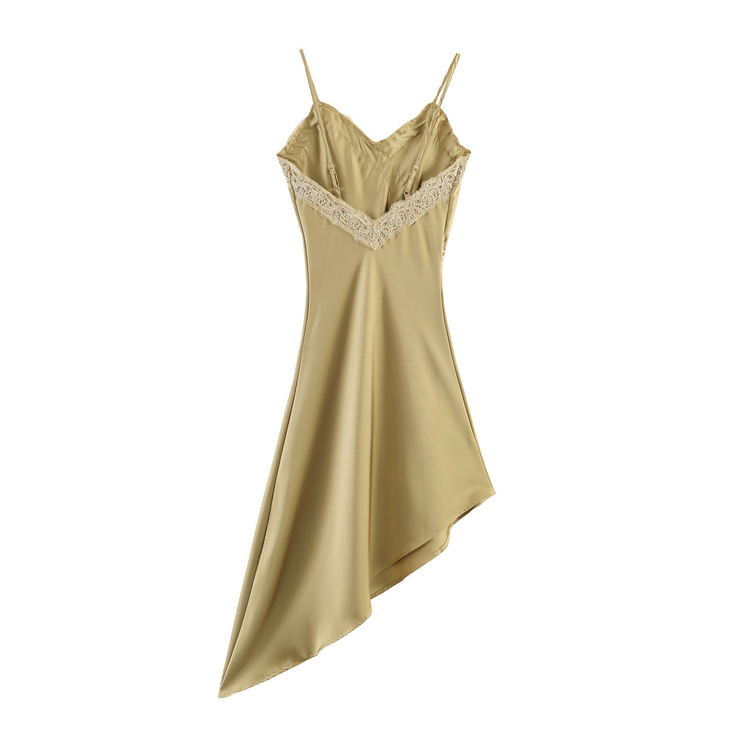 Asymmetric dress with silk and lace patchwork