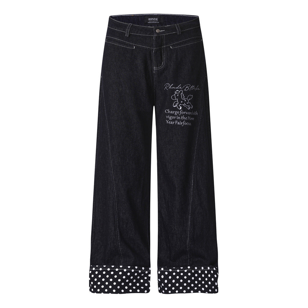Cartoon embroidery polka dot denim pants