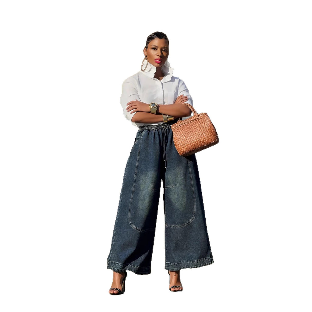 Vintage Cut-Out Panel Distressed Slant Pocket Elastic Waist Jeans