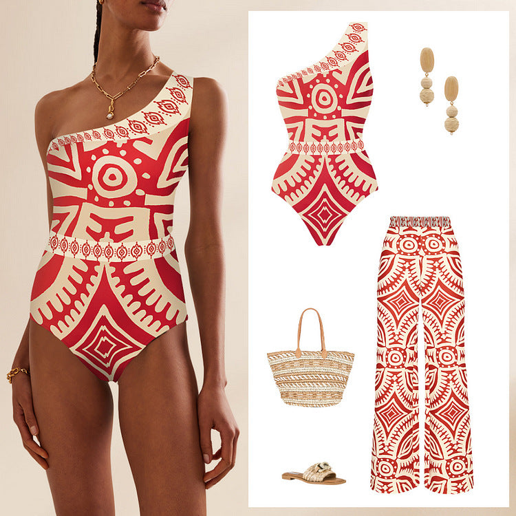 Off-Shoulder One-Piece Swimsuit for Women with Beach Pants