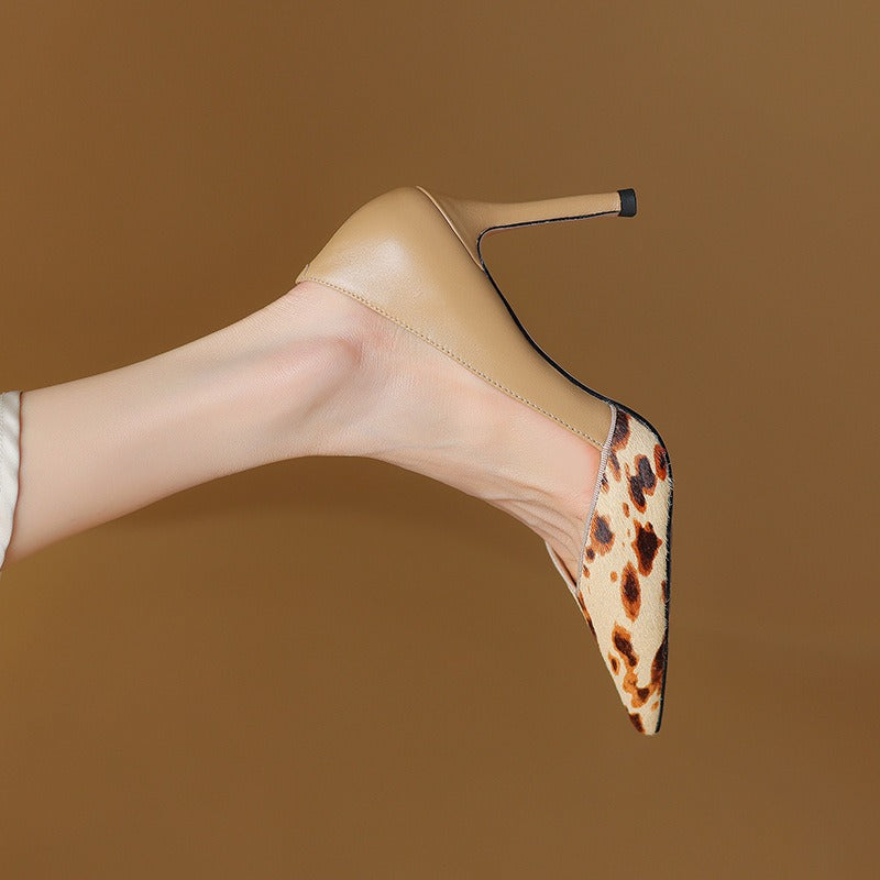 Pointed thin high heels, color blocking horse hair, sexy spicy mom, banquet single shoes for women