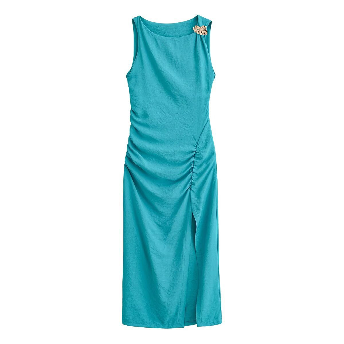 Wrinkled gold-plated sleeveless dress with embellishments