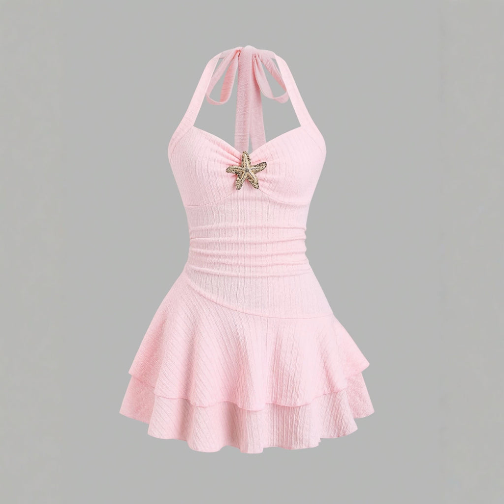 Halter neck slip dress with starfish decoration, pleated, waist-cinching short skirt