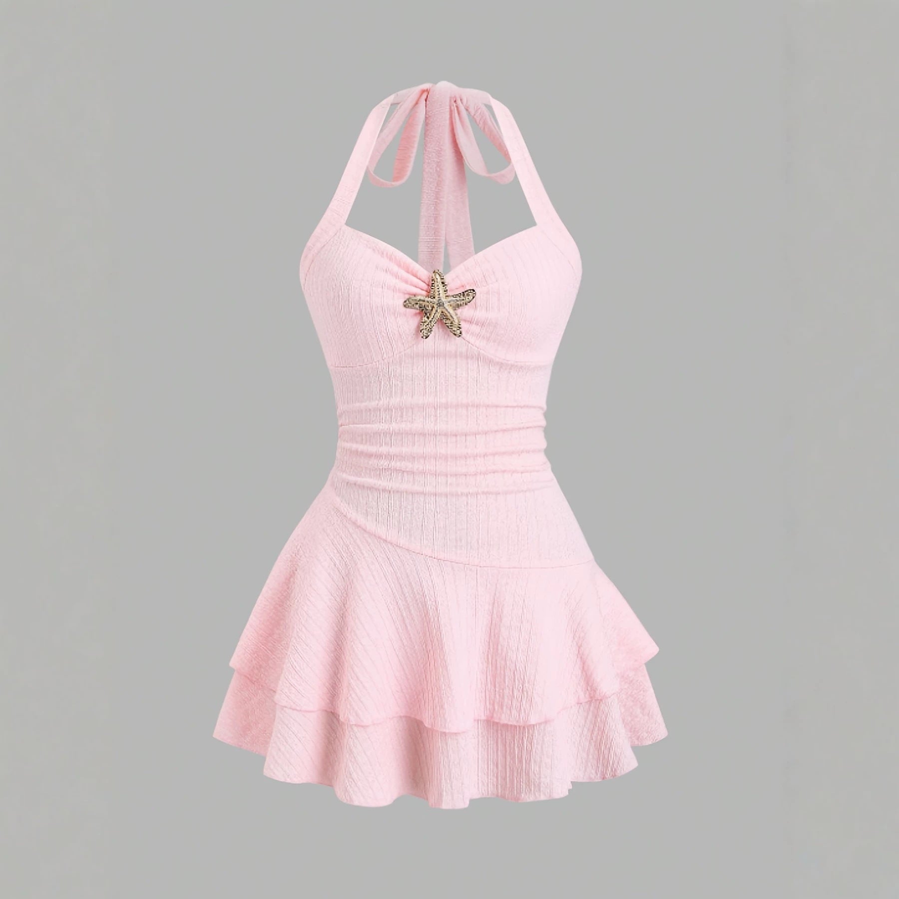 Halter neck slip dress with starfish decoration, pleated, waist-cinching short skirt