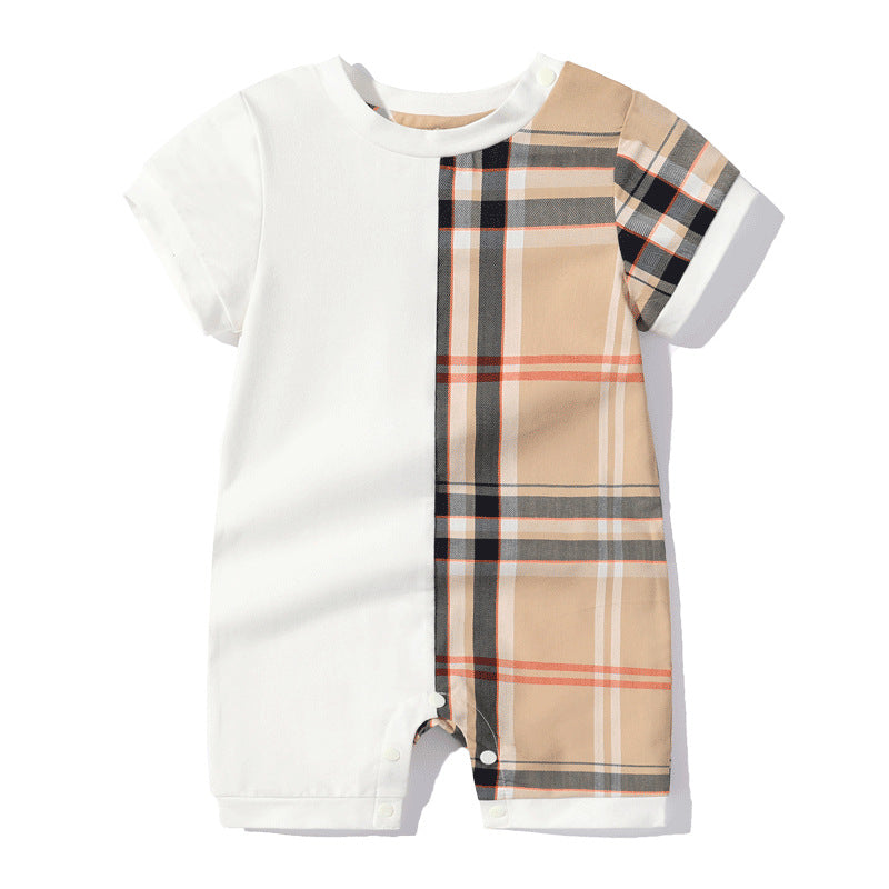 Checkered round neck short sleeved baby jumpsuit