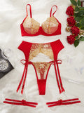 Collision Pornographic Fun Embroidery Splicing Mesh Sexy Underwear Four Piece Set for Women