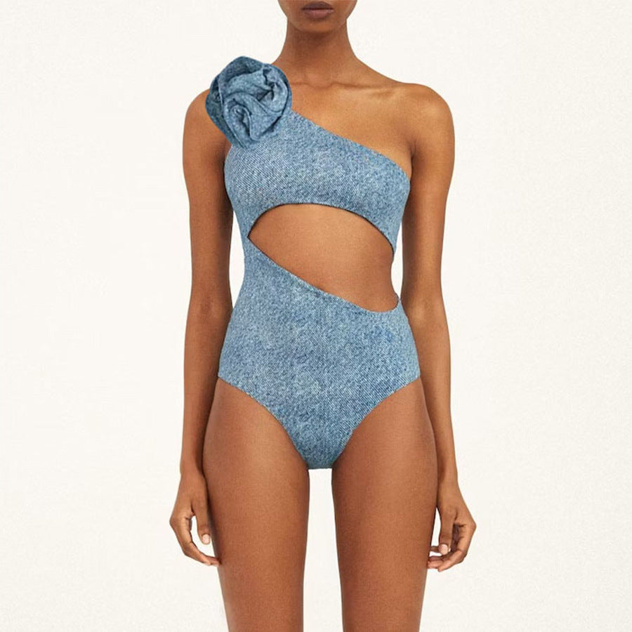 One-Shoulder Hollow-Out Soft Denim One-Piece Swimsuit with Flower Decoration for Women