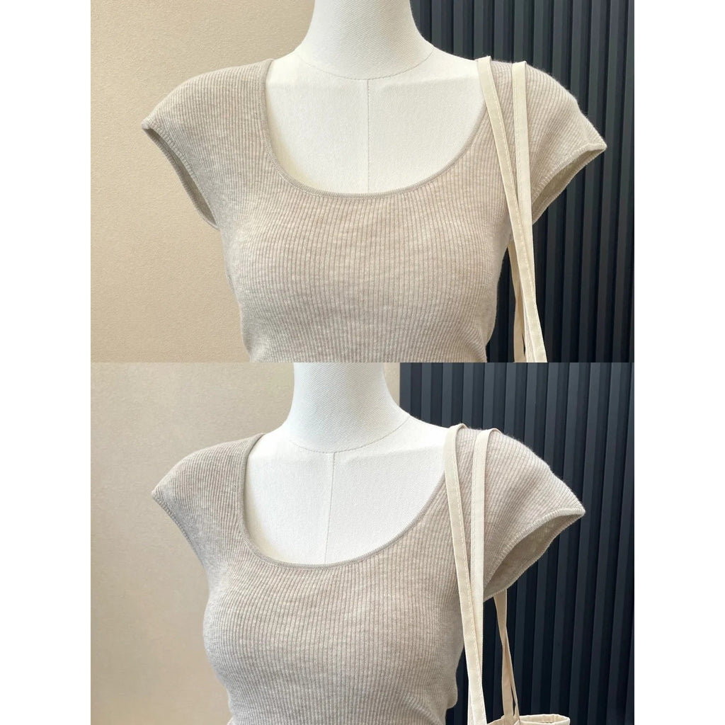 Soft Style U-Neck Elegant Ribbed Knit Short Sleeve Innerwear Top