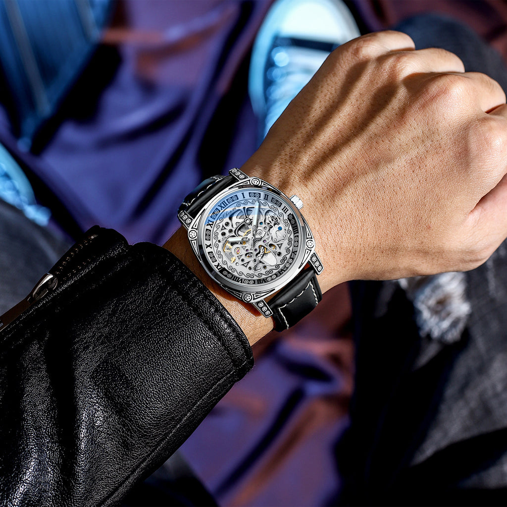 Dress: Vintage Engraved Mechanical Watch Men's Leather Waterproof Hollow-Out Fashion Style Men's Watch