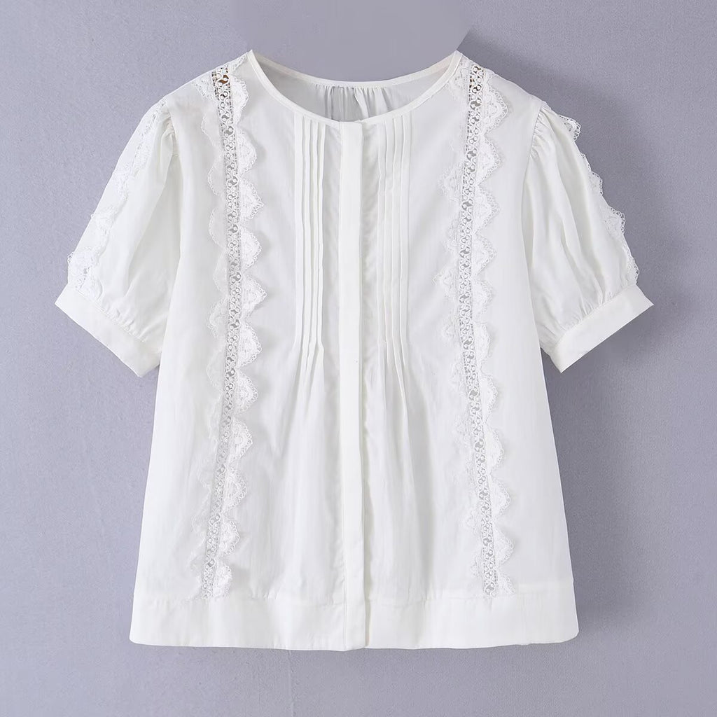 Cotton pleated lace patchwork short sleeved shirt