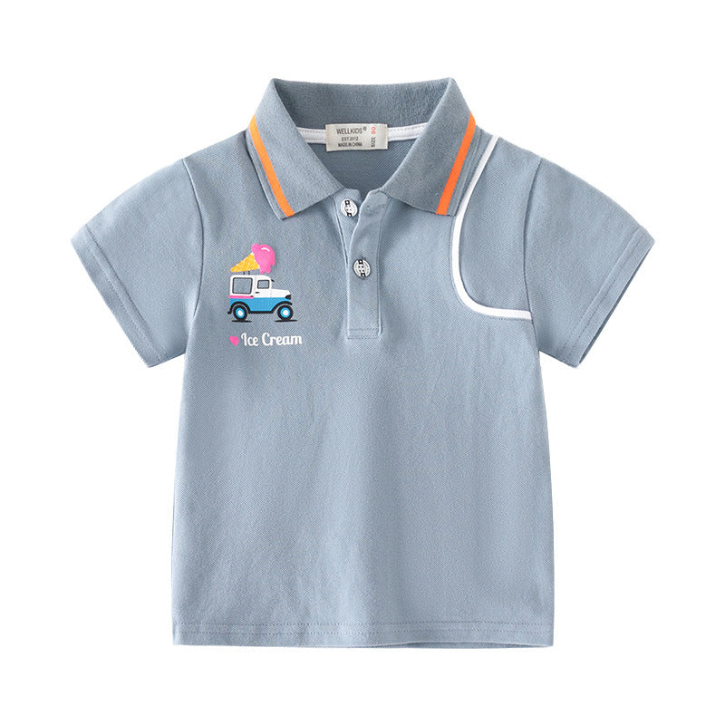 Cartoon Print Boys' Fashion Short Sleeve Cotton Polo Shirt for Kids