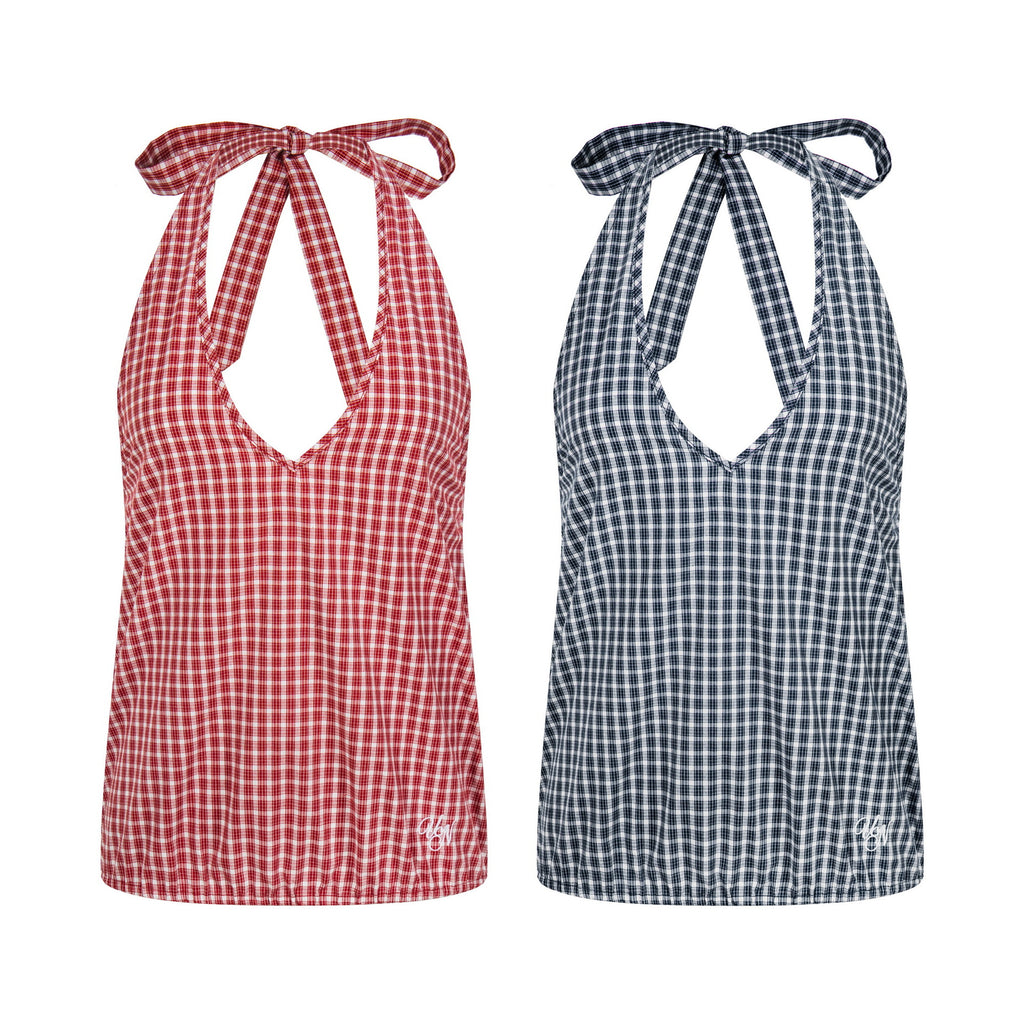 Checkered Slim Fit Sleeveless Casual Short Sleeve Bow Decorated T-Shirt
