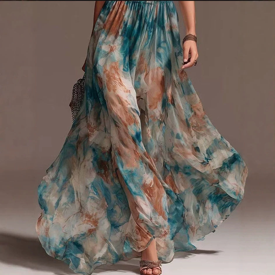 Hang Neck Backless Ink Print Vacation Style Casual Long Dress