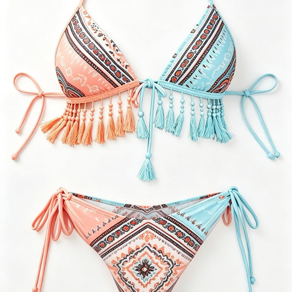 Sexy Two-Tone Printed Bohemian Style Halter Women's Bikini Swimwear