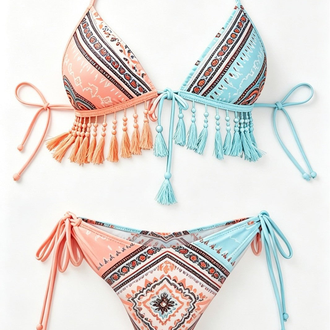 Sexy Two-Tone Printed Bohemian Style Halter Women's Bikini Swimwear