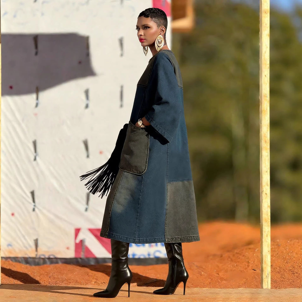 Pocket Loose Denim Dress with  Design and Asymmetrical Hem