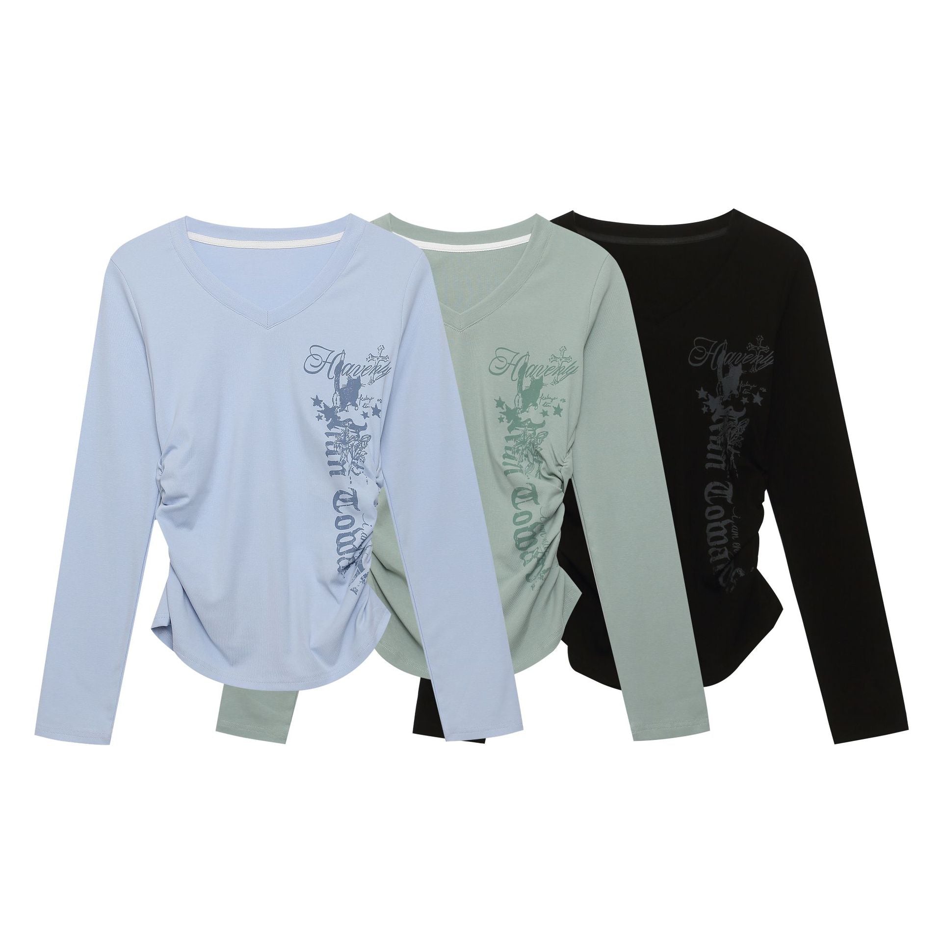 Side Pleated V-Neck Long Sleeve Top Letter Print Waist-Cinching Slim-Fitting Basic T-Shirt