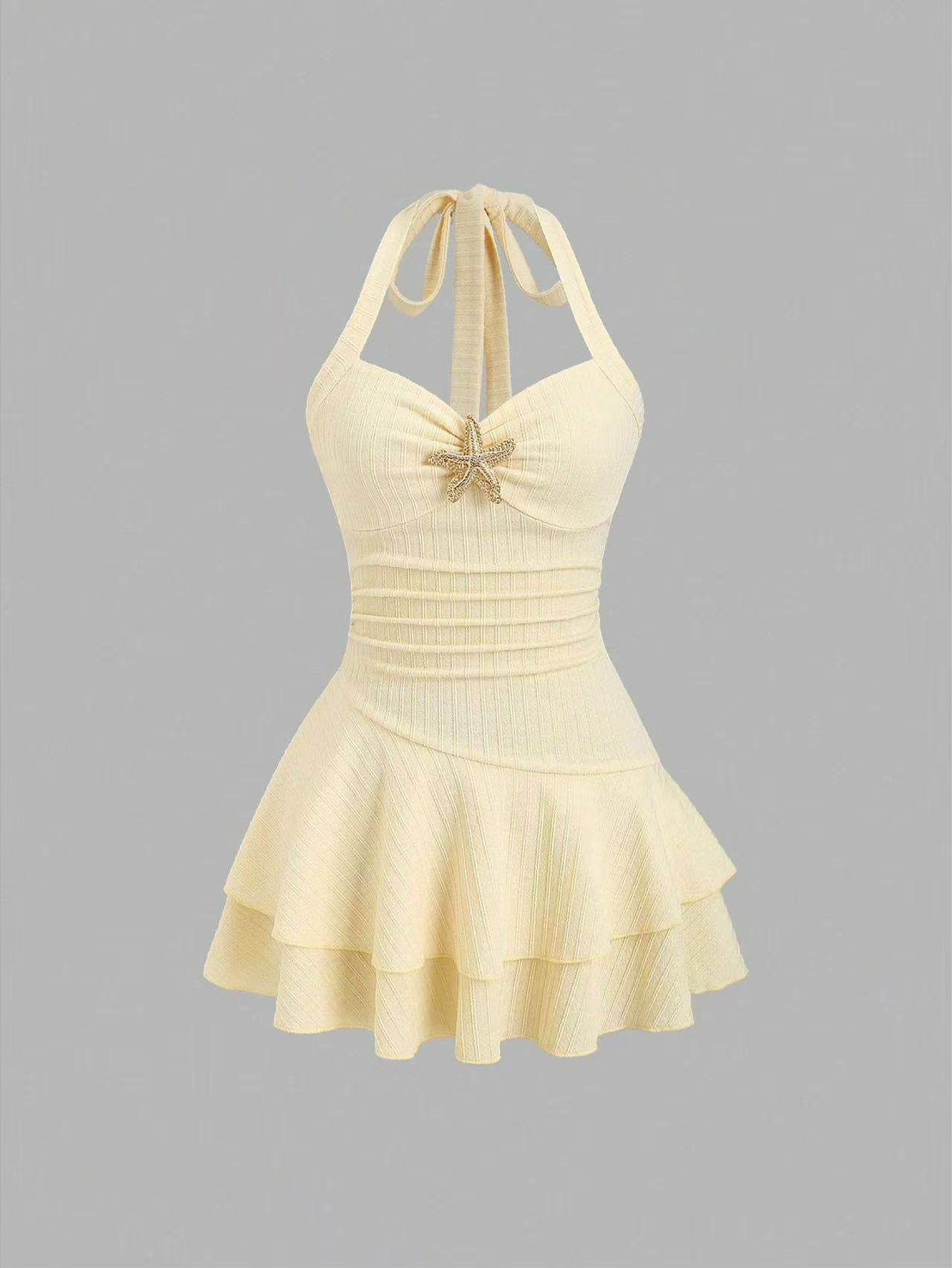 Halter neck slip dress with starfish decoration, pleated, waist-cinching short skirt