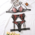 Mesh embroidery splicing underwear garter belt sexy four piece set