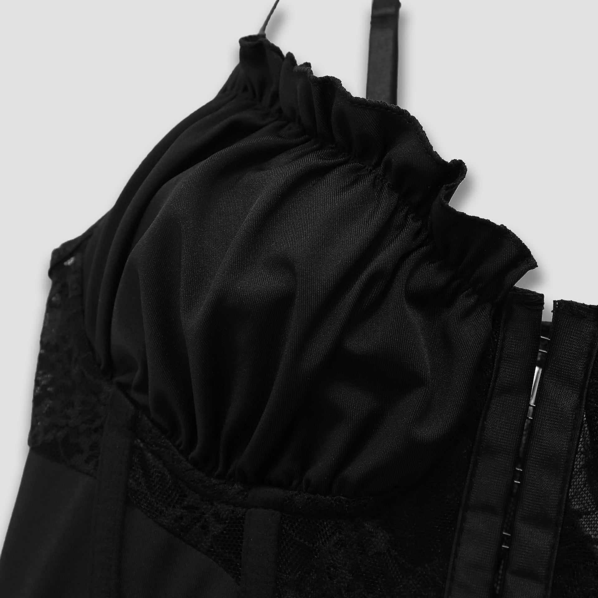 Lace Pleated Ruffled Buttoned Boned Crop Top
