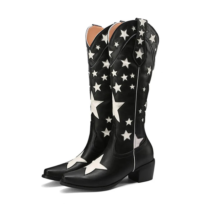 Western Cowboy Boots Women's Medium Block Heels Slip-on Cowgirl Long Boots Woman Autumn Winter Shoes