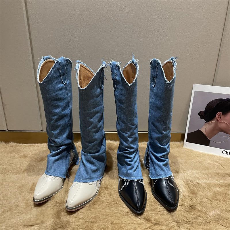 Pointed Toe Thick Heel Western Cowboy Boots Women's New High-Leg Trousers Boots But Knee Boots Knight Boot