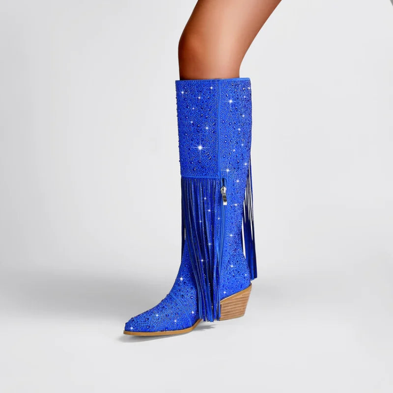 New Women's Thick High Heels Knee Long Women's Boots Fashion Tassel Rhinestone Short Boots Pointed Large Women's Boots