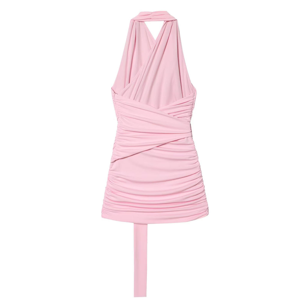 Spicy girl pleated neck hanging mini dress