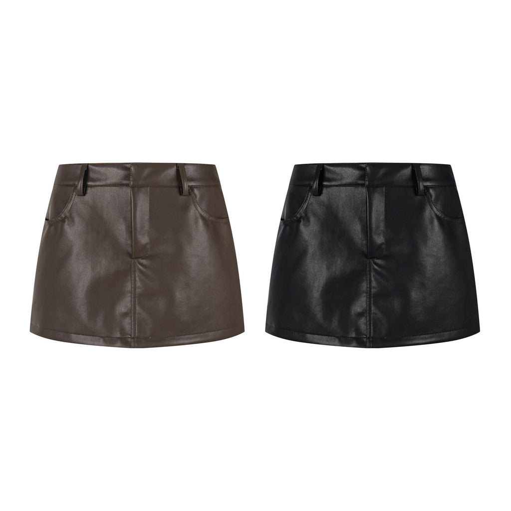 Faux Leather Mini Skirt High Waist Slimming Anti-Flash Streetwear