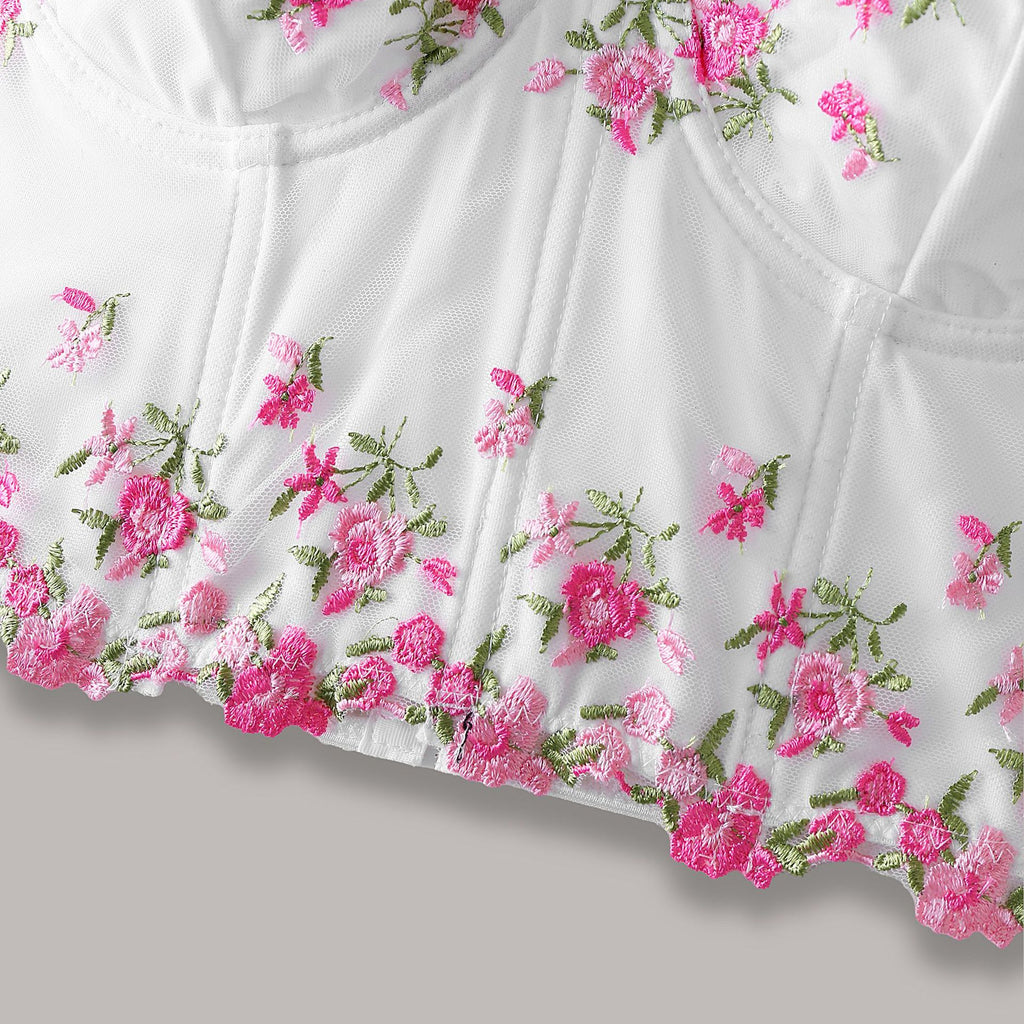 Lace Floral Embroidered Short Crop Belly-Baring Boned Tube Top