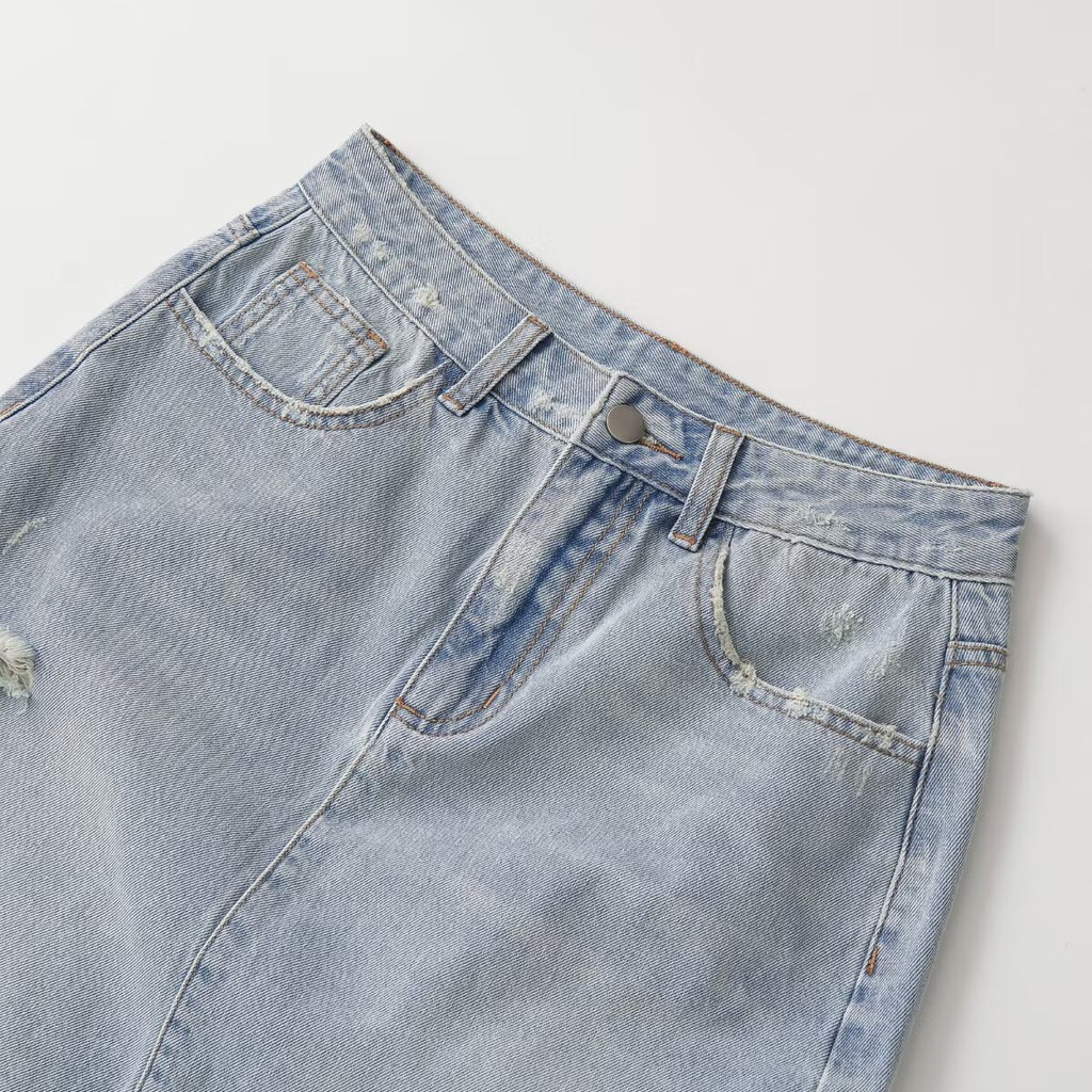 Mid waist perforated casual denim skirt