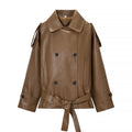 Versatile lace up waistband PU leather workwear jacket