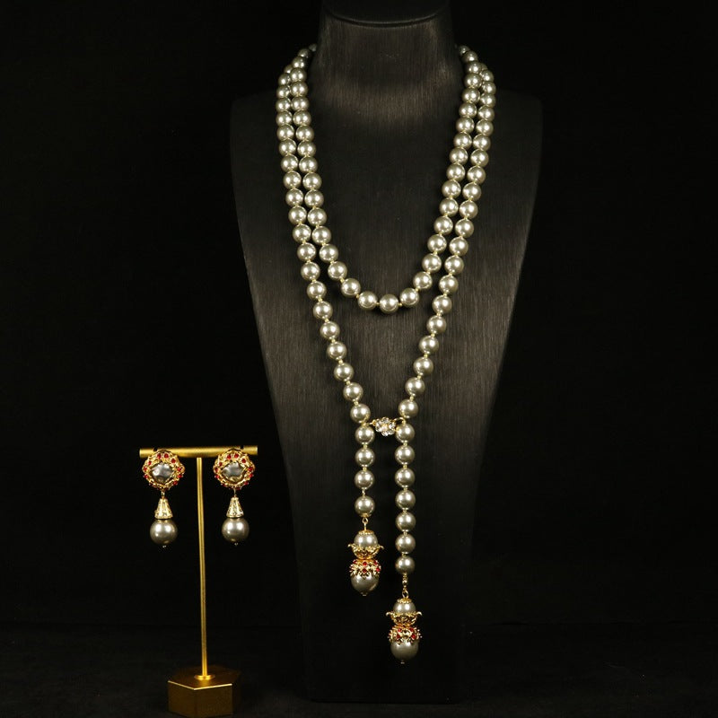 Glass pearl long sweater chain set