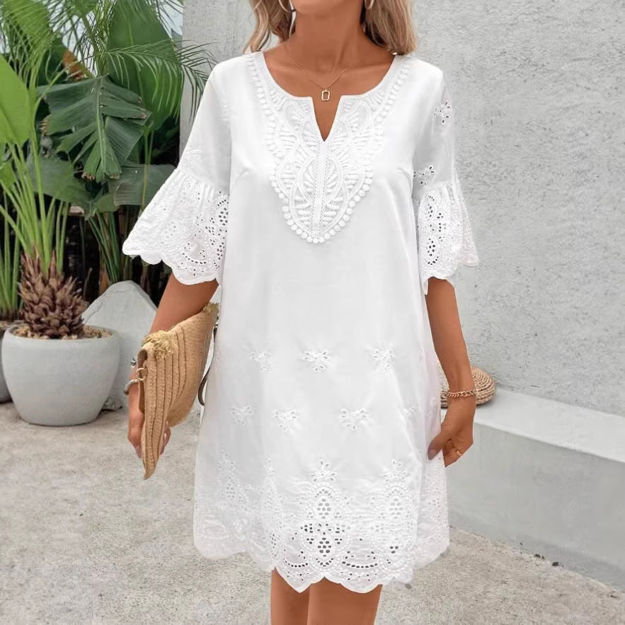 Hollow embroidery solid color five quarter sleeve women's dress