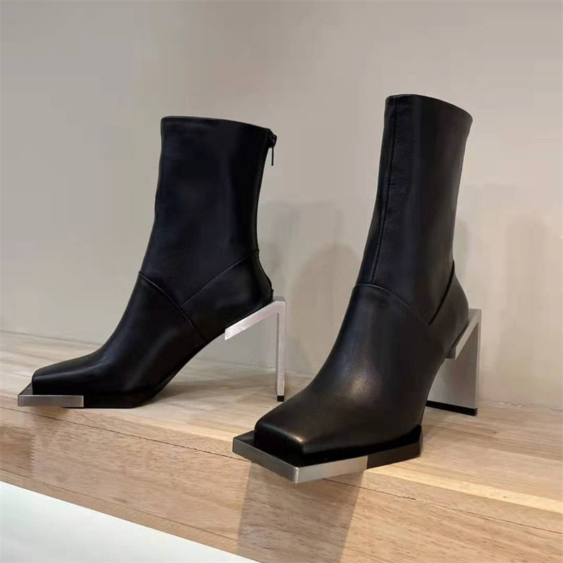 Black Boots Women Silver Square Toe Stretch Boots Female High Heels Runway Shoes Strange Style Heel Ankle Boots