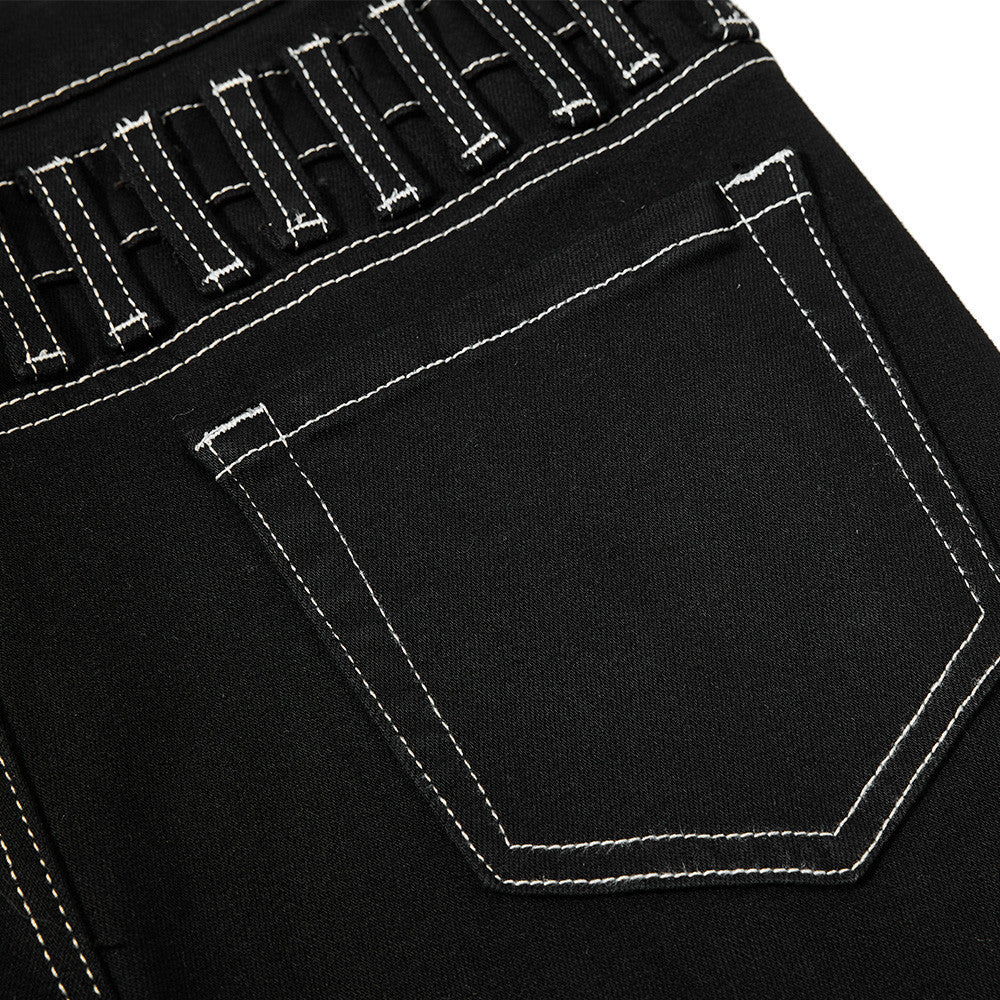 Double waisted denim flared pants with visible lines