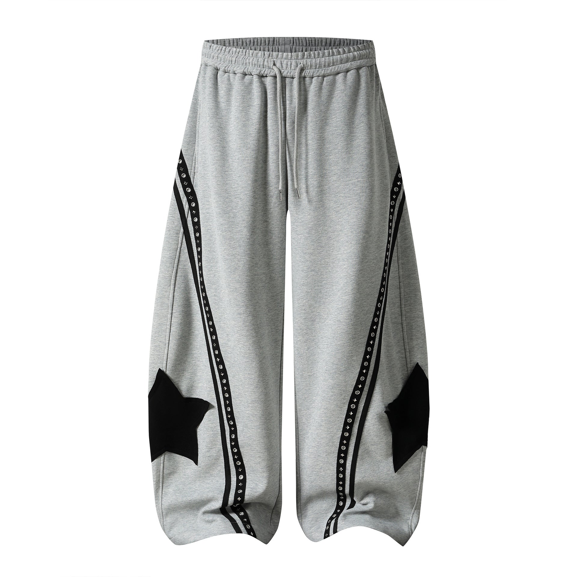Color-Blocked Star Patchwork Sweatpants with Drawstring Waist and Rivet Decoration, Loose Fit Slimming Girl Pants