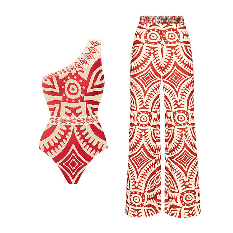 Off-Shoulder One-Piece Swimsuit for Women with Beach Pants
