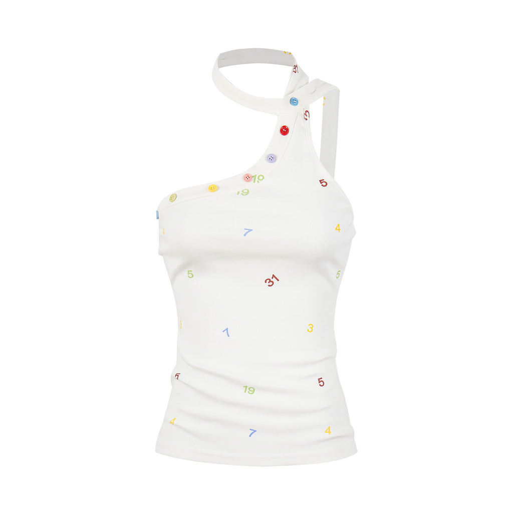Single Shoulder Strap Crop Top for Women, Digital Print Button Detail Fitted Slimming Top