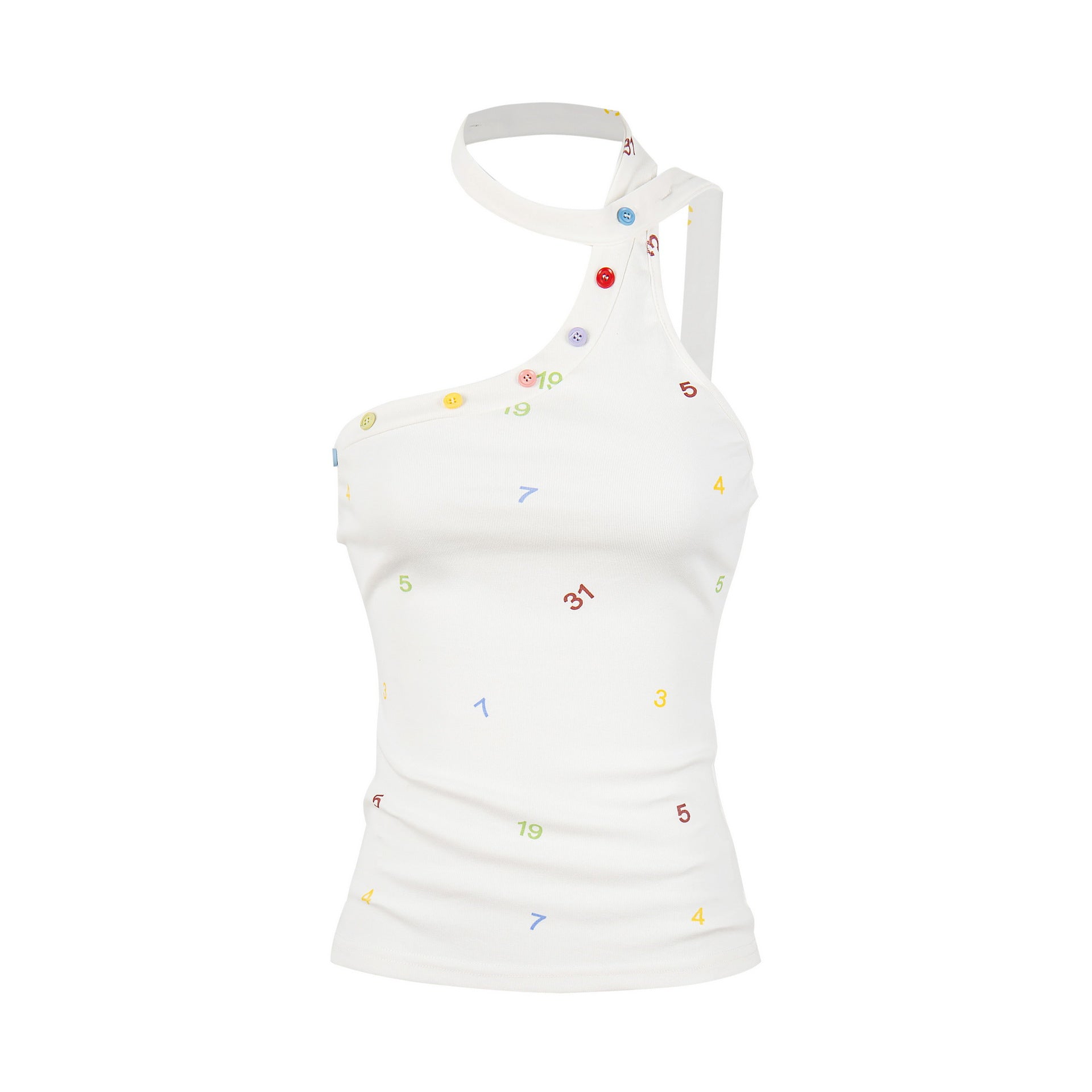 Single Shoulder Strap Crop Top for Women, Digital Print Button Detail Fitted Slimming Top