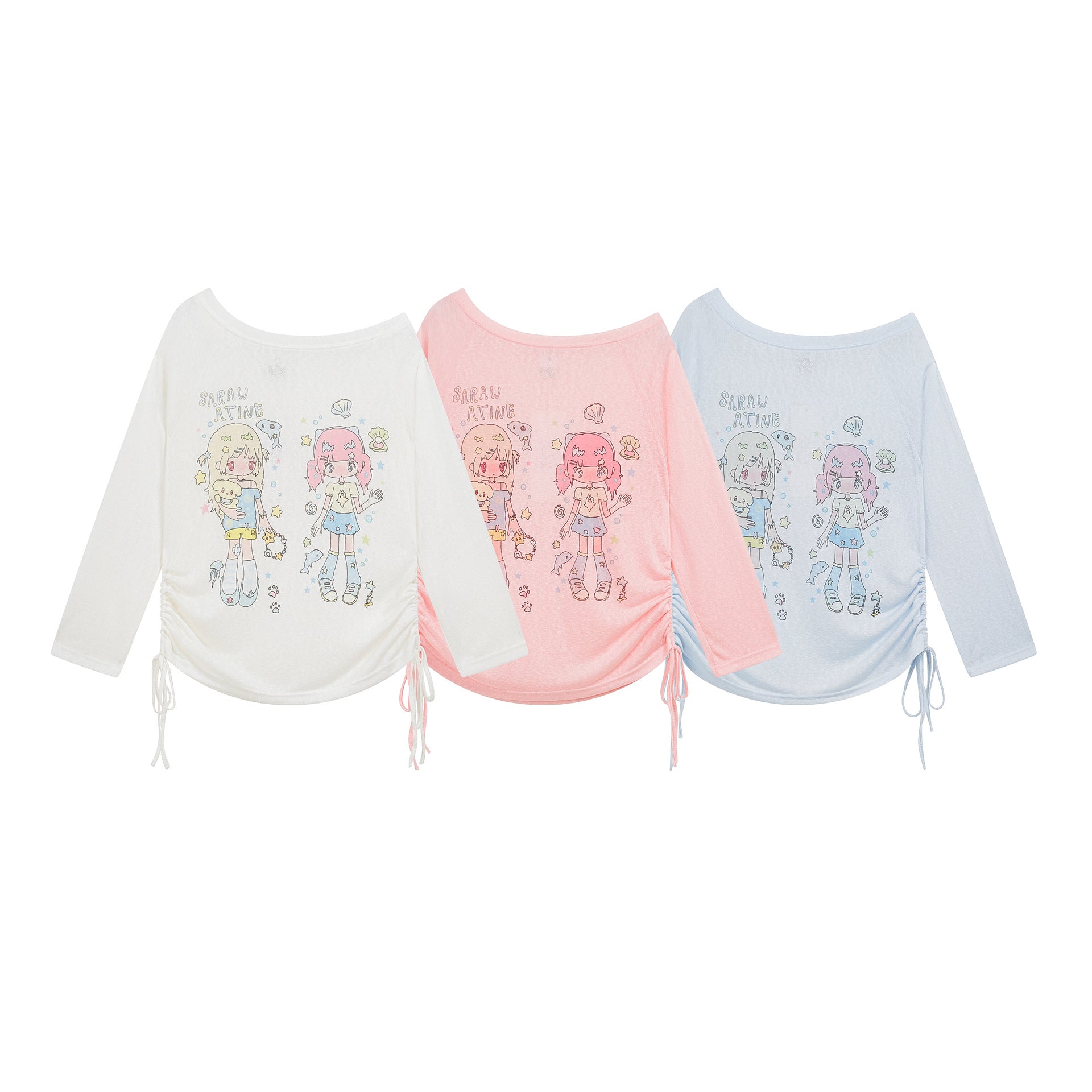 Ocean Girl Print Top Drawstring Ruffle Sweet Style Loose Long Sleeve Hoodie