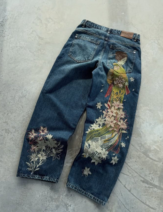Crossover Derschutze High Street Retro Embroidery Straight Leg Jeans Unisex Unique Design Fashionable Export Style