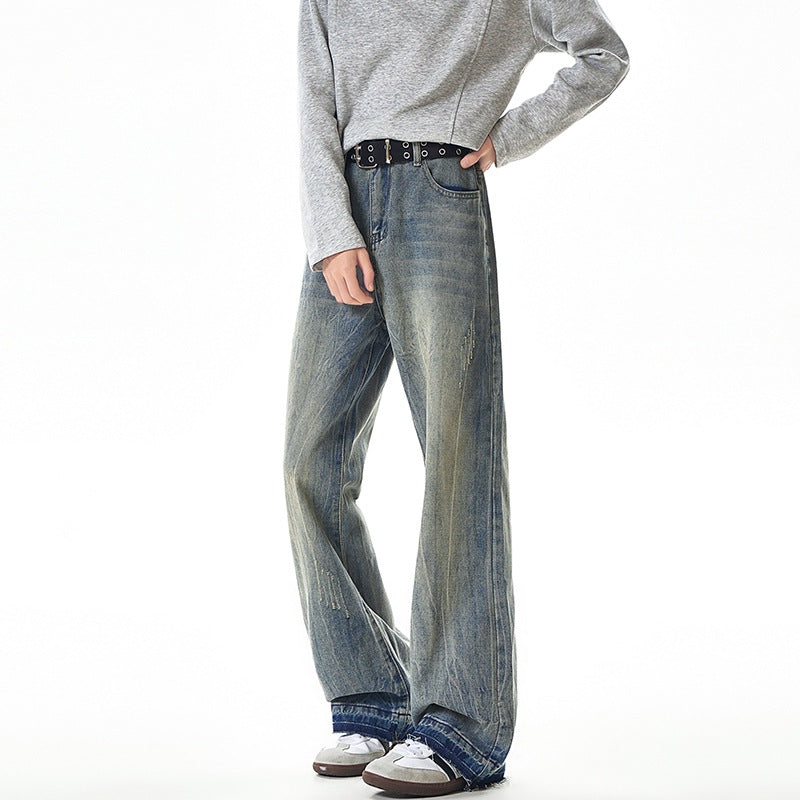 Streetwear Lightning Pattern Washed Denim Pants Men