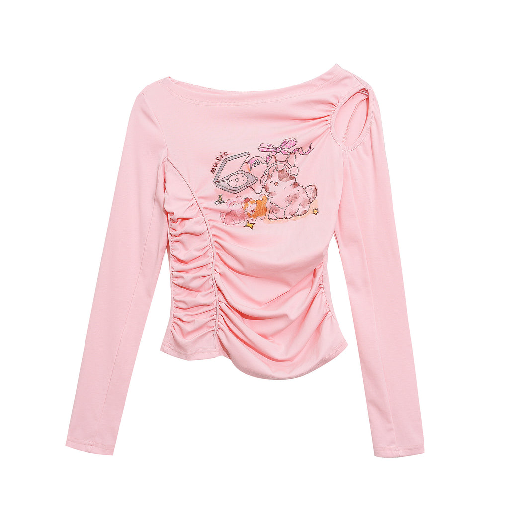Cartoon Print Off-Shoulder Basic Top, One-Shoulder Gathered Waist Slimming Sweet and Spicy Style Top