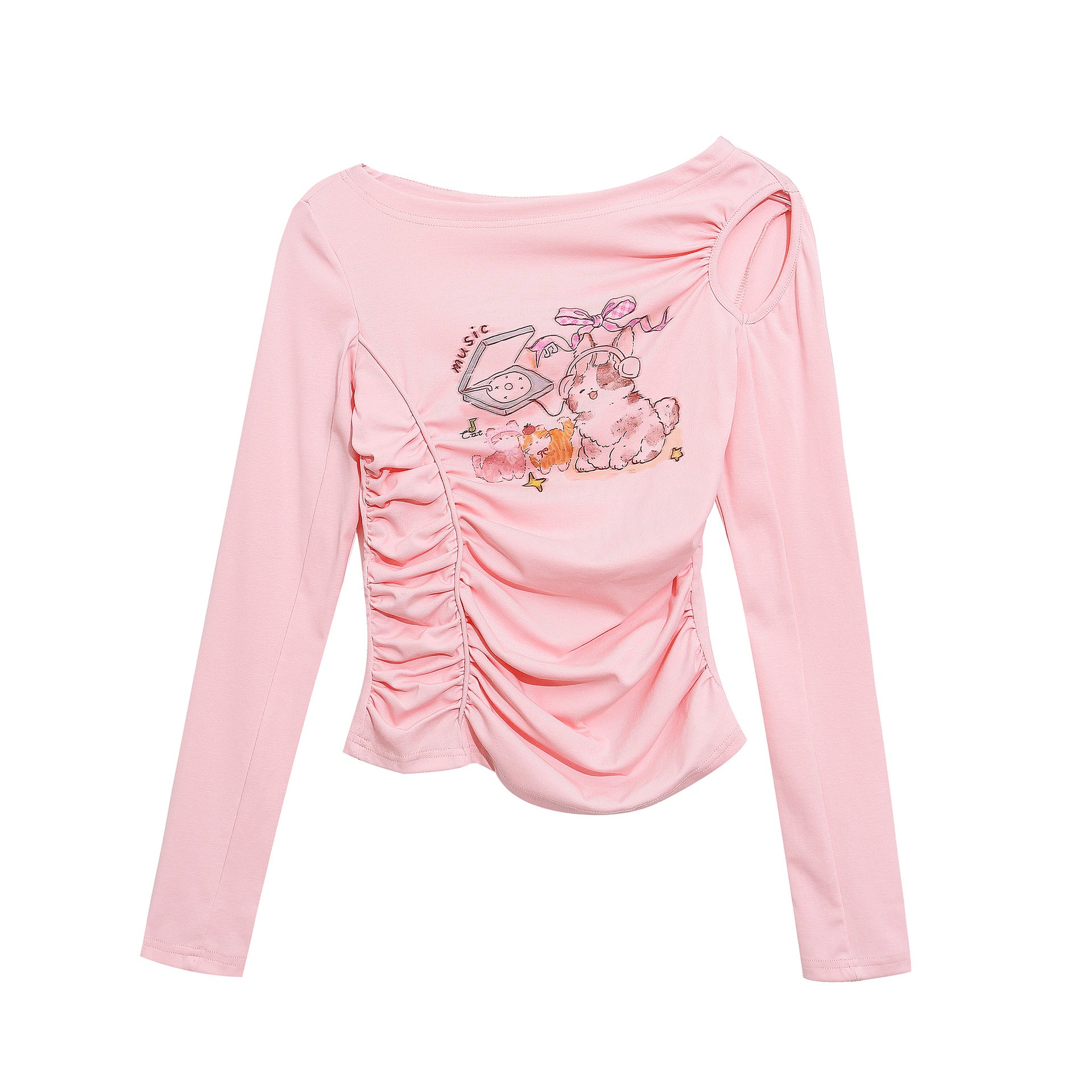 Cartoon Print Off-Shoulder Basic Top, One-Shoulder Gathered Waist Slimming Sweet and Spicy Style Top