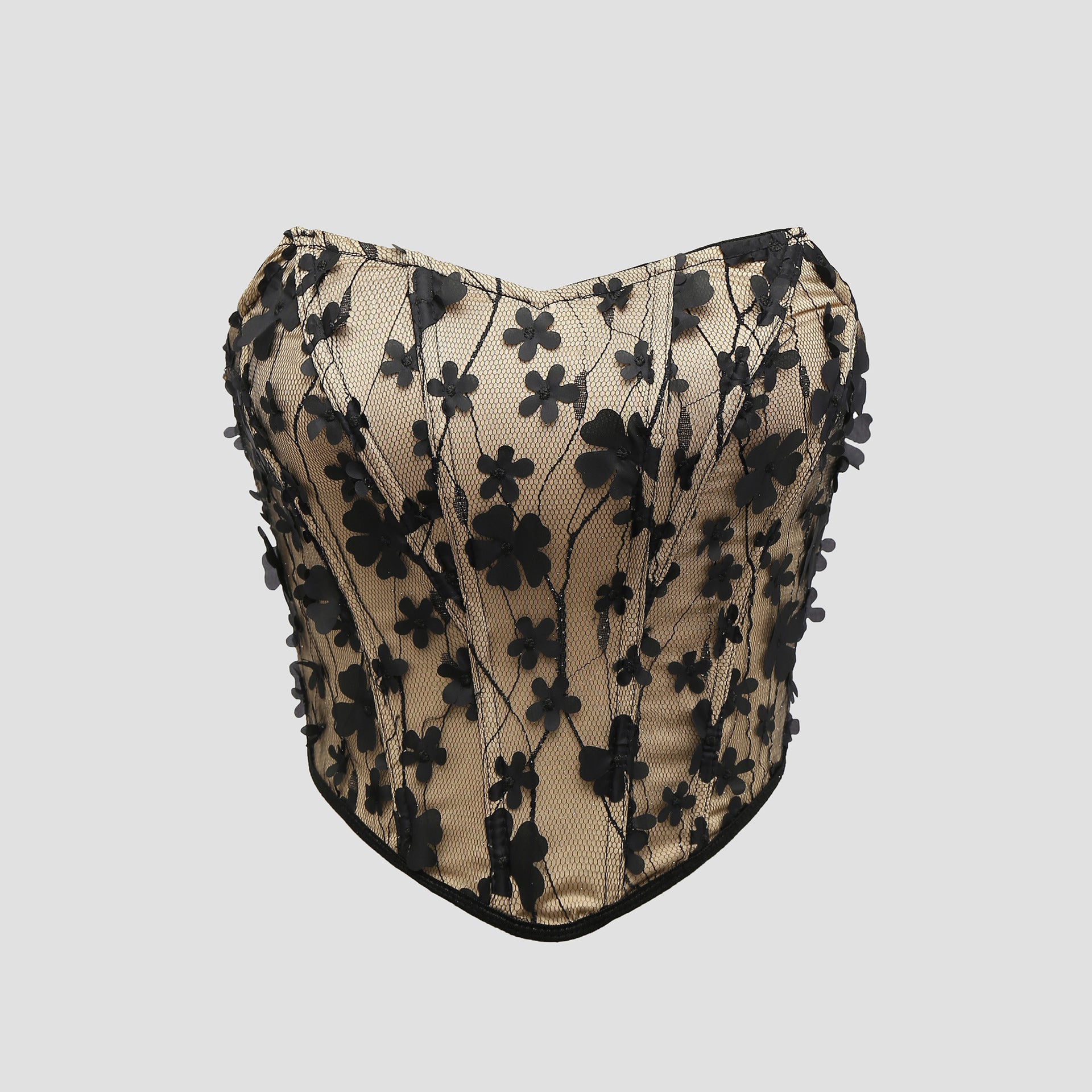 Embroidered flower strapless diamond stitched fishbone top